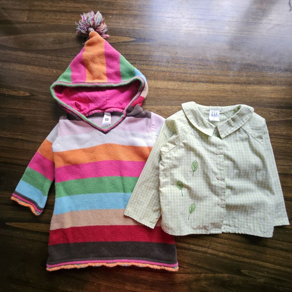 Baby Gap Y2K Outfit Set – Striped Hoodie Dress & Green Blouse – Size 12–18M